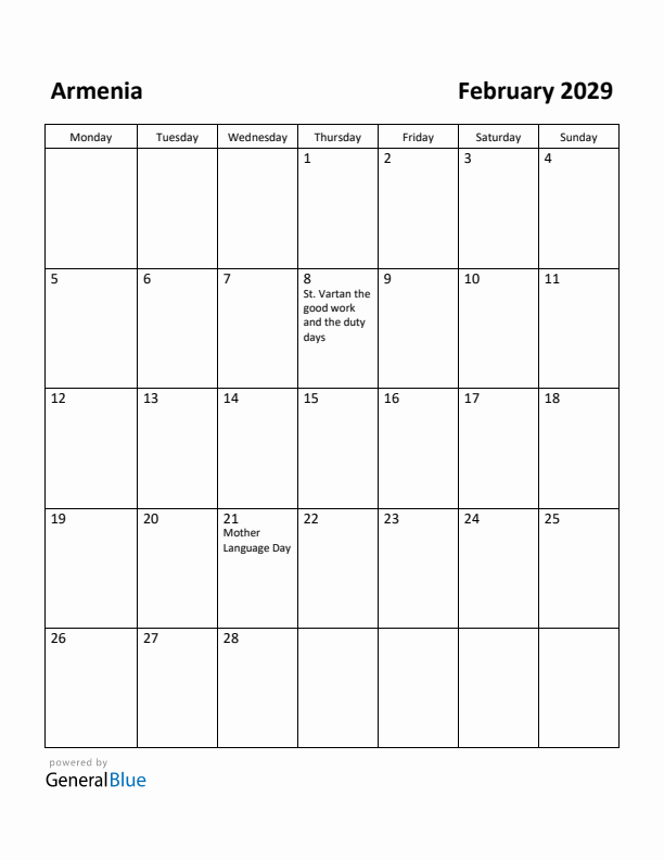 February 2029 Calendar with Armenia Holidays