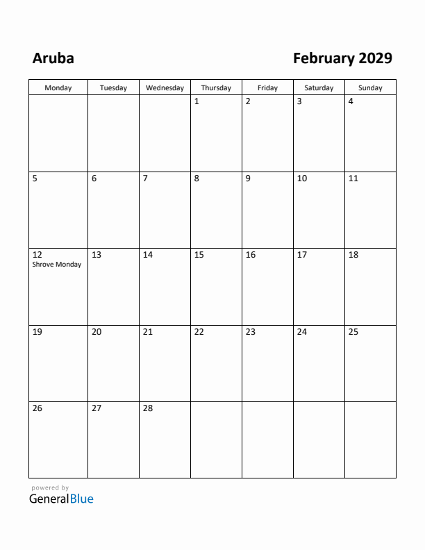 February 2029 Calendar with Aruba Holidays