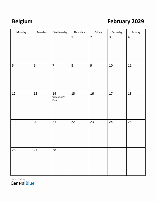 February 2029 Calendar with Belgium Holidays