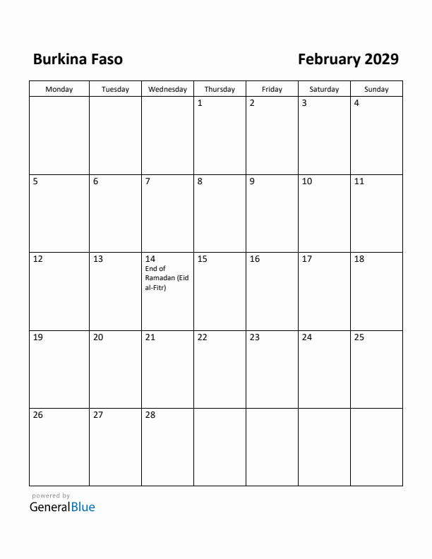 February 2029 Calendar with Burkina Faso Holidays