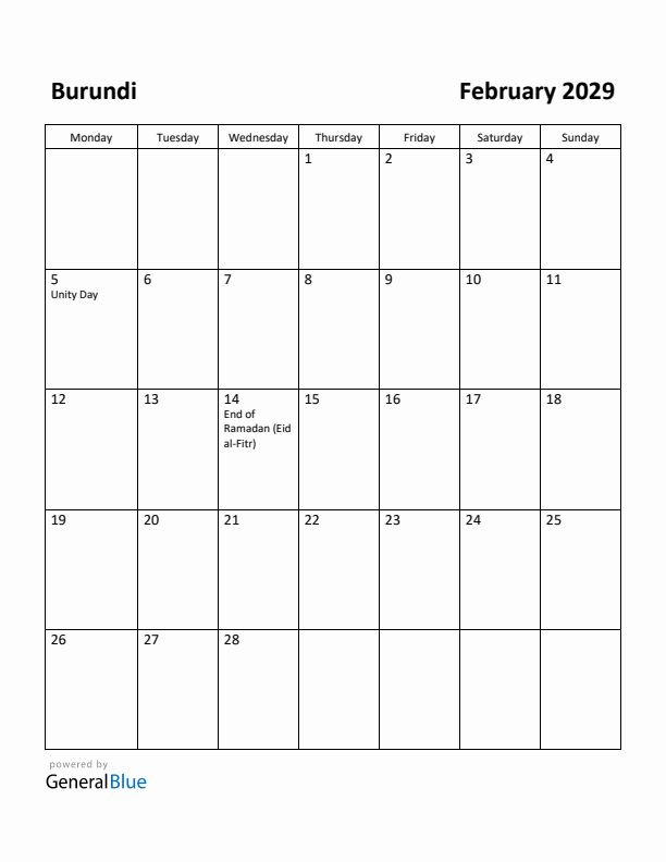 February 2029 Calendar with Burundi Holidays