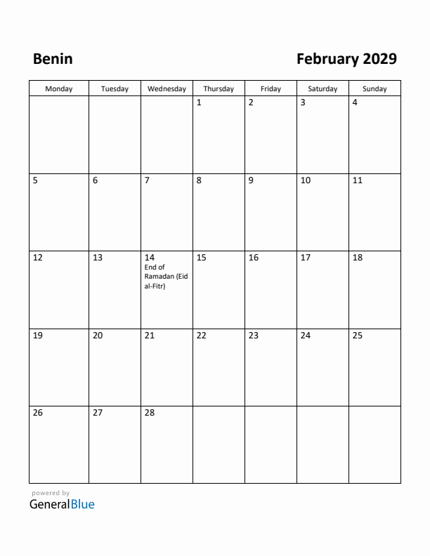February 2029 Calendar with Benin Holidays