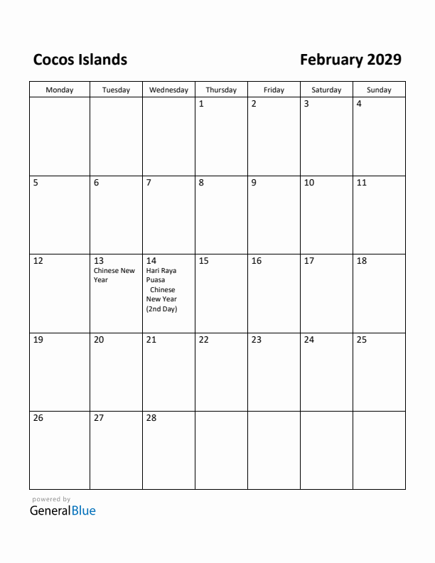 February 2029 Calendar with Cocos Islands Holidays