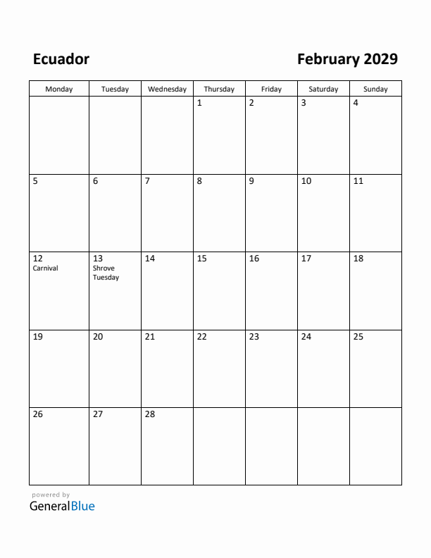 February 2029 Calendar with Ecuador Holidays