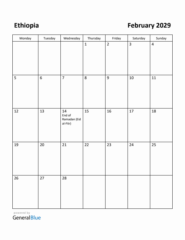 February 2029 Calendar with Ethiopia Holidays