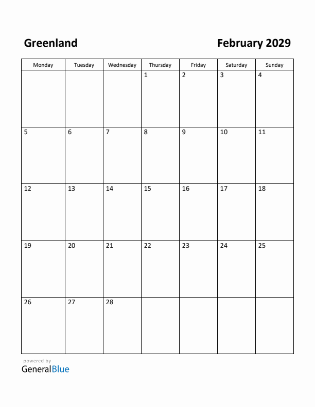 February 2029 Calendar with Greenland Holidays