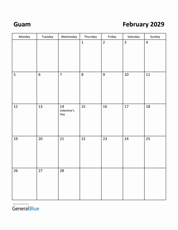 February 2029 Calendar with Guam Holidays