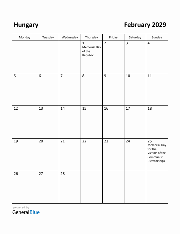 February 2029 Calendar with Hungary Holidays