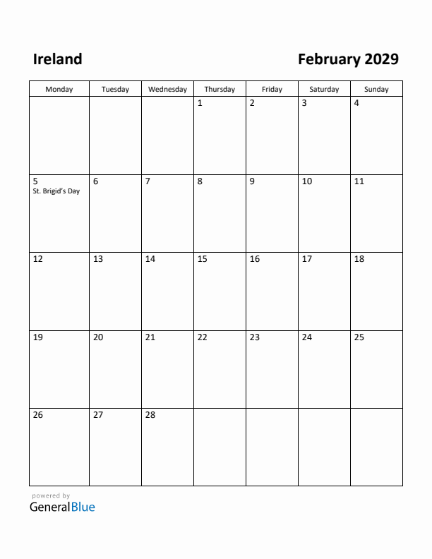 February 2029 Calendar with Ireland Holidays
