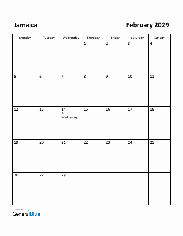 February 2029 Calendar with Jamaica Holidays