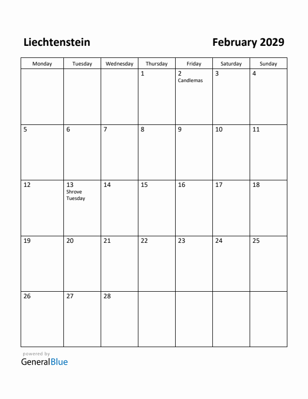 February 2029 Calendar with Liechtenstein Holidays