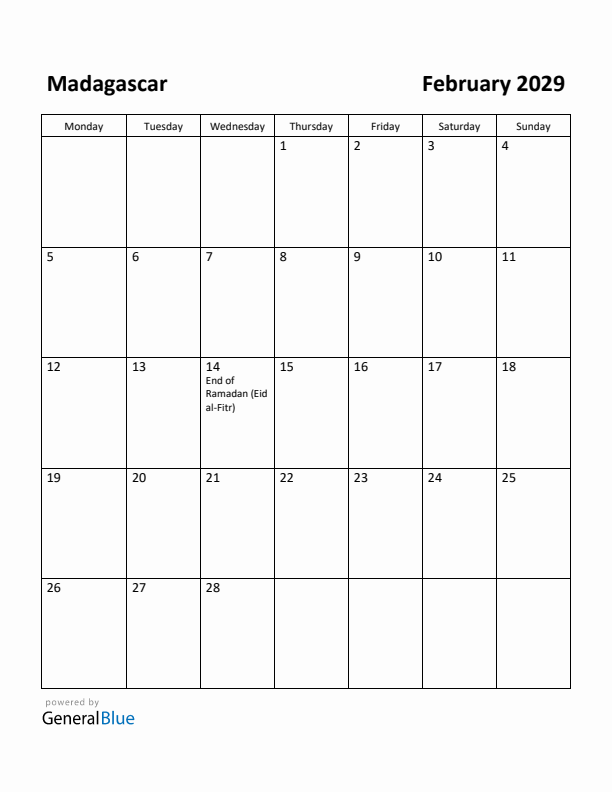 February 2029 Calendar with Madagascar Holidays