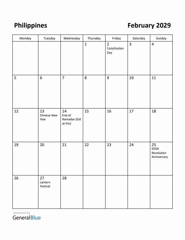 February 2029 Calendar with Philippines Holidays