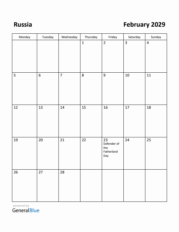 February 2029 Calendar with Russia Holidays