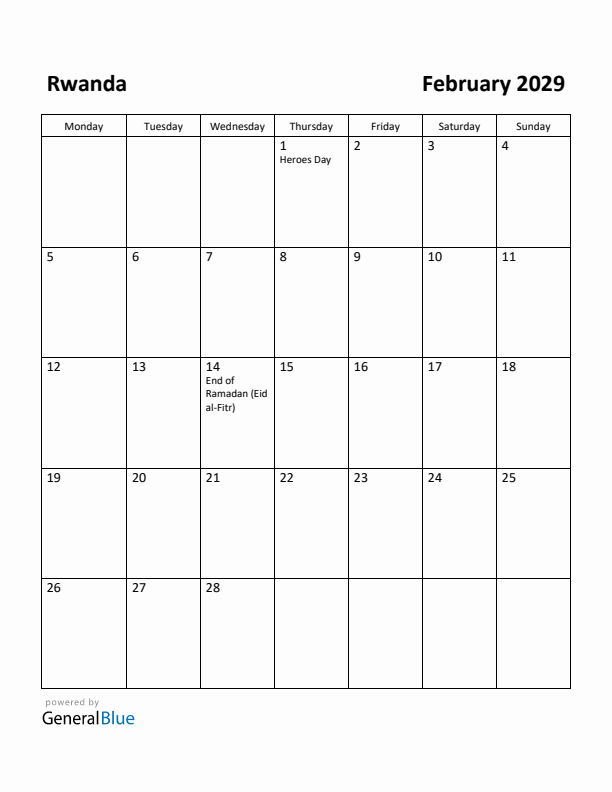 February 2029 Calendar with Rwanda Holidays
