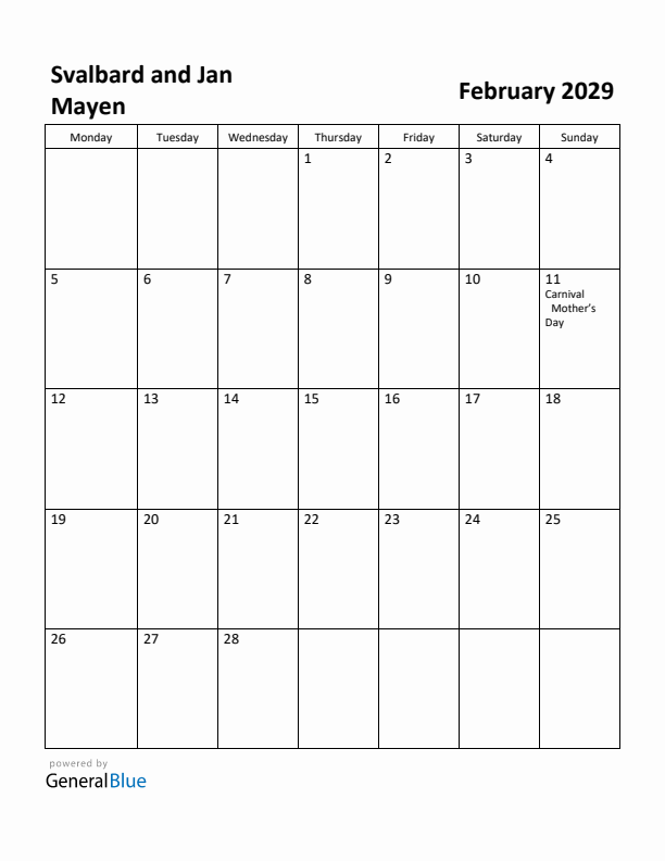 February 2029 Calendar with Svalbard and Jan Mayen Holidays