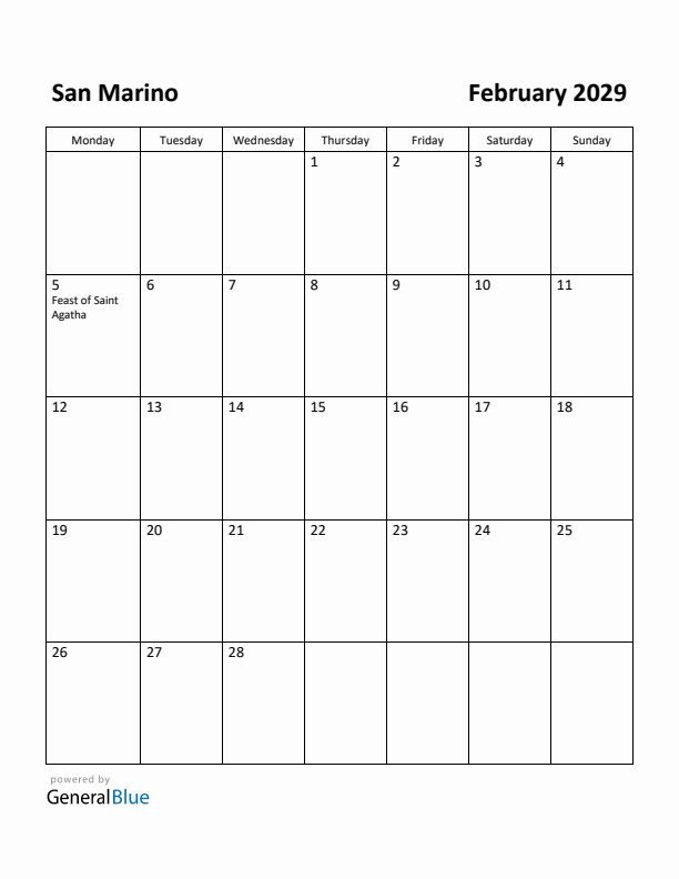 February 2029 Calendar with San Marino Holidays