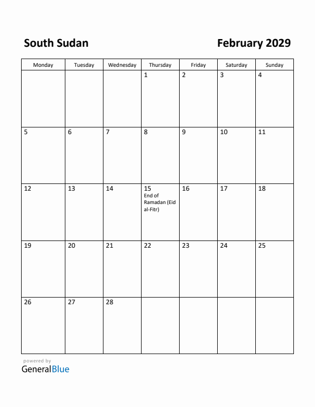 February 2029 Calendar with South Sudan Holidays