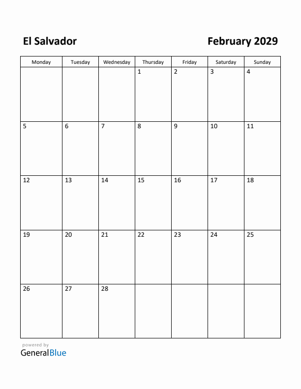 February 2029 Calendar with El Salvador Holidays