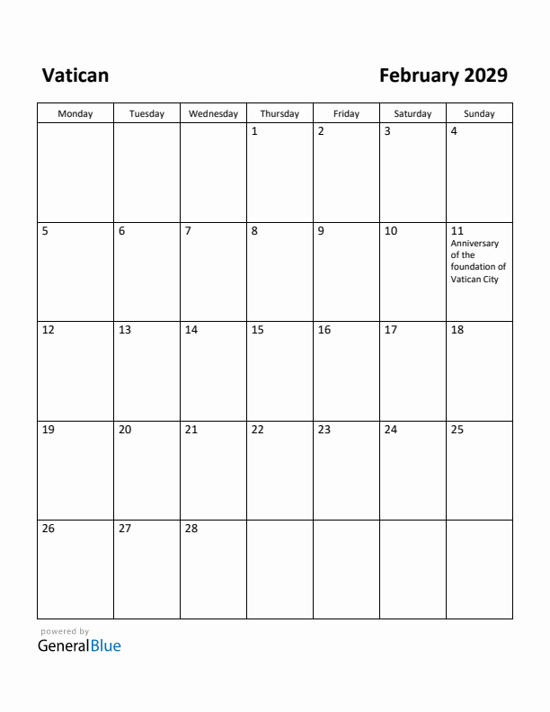 February 2029 Calendar with Vatican Holidays