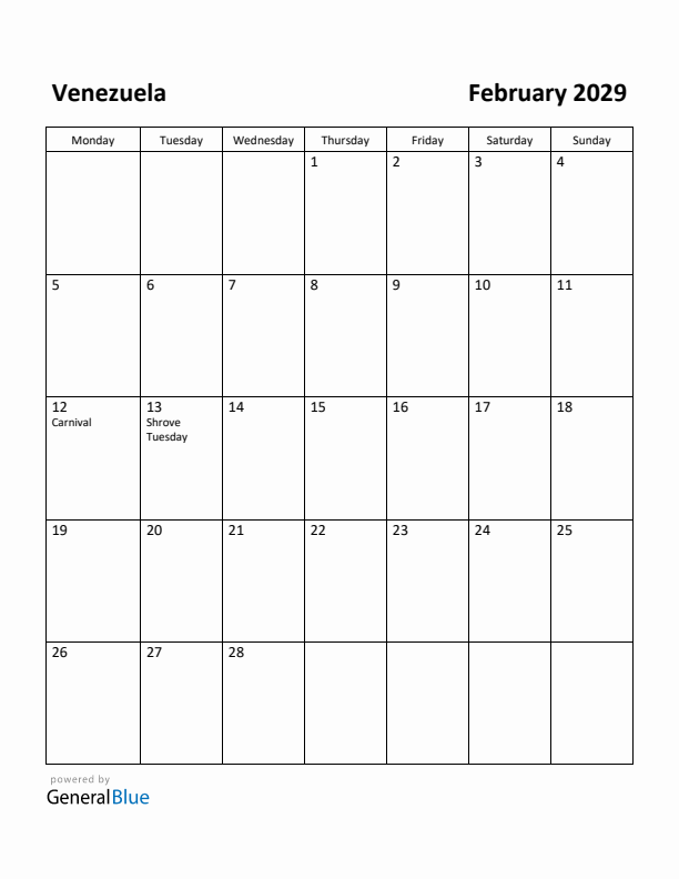 February 2029 Calendar with Venezuela Holidays