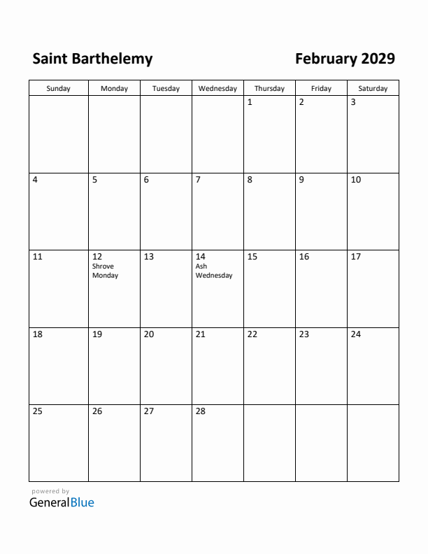 February 2029 Calendar with Saint Barthelemy Holidays