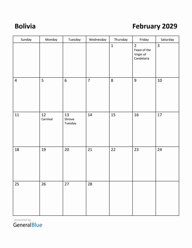 February 2029 Calendar with Bolivia Holidays