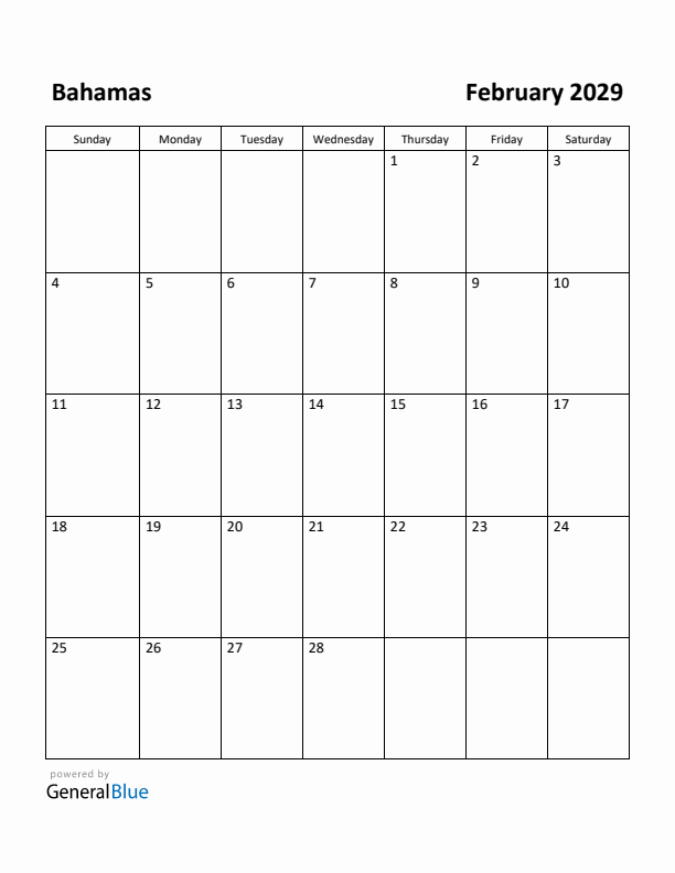 February 2029 Calendar with Bahamas Holidays