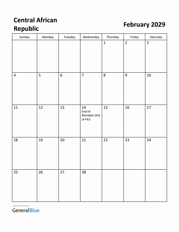 February 2029 Calendar with Central African Republic Holidays