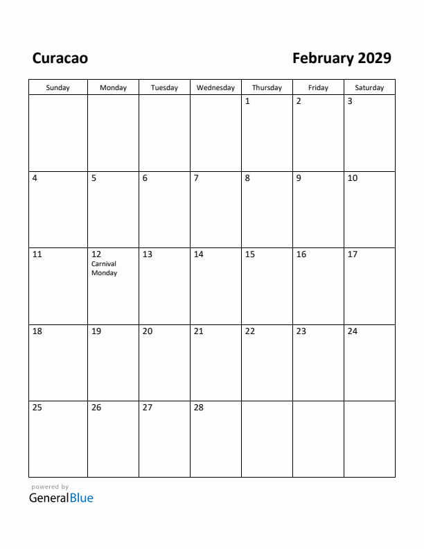 February 2029 Calendar with Curacao Holidays