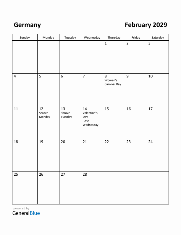 February 2029 Calendar with Germany Holidays