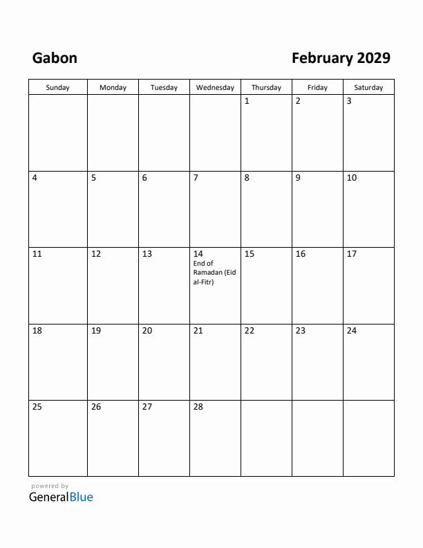 February 2029 Calendar with Gabon Holidays