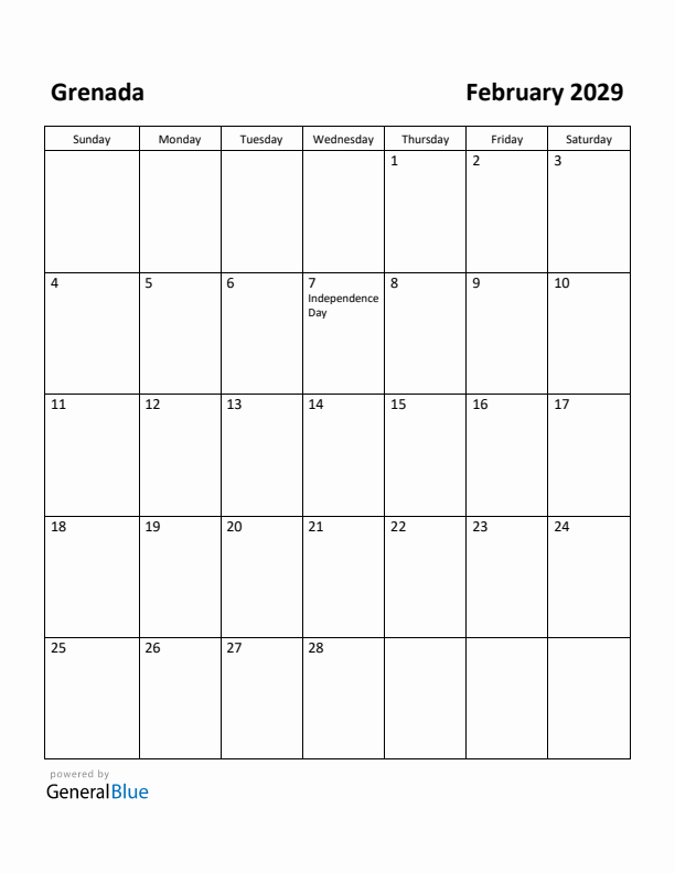 February 2029 Calendar with Grenada Holidays
