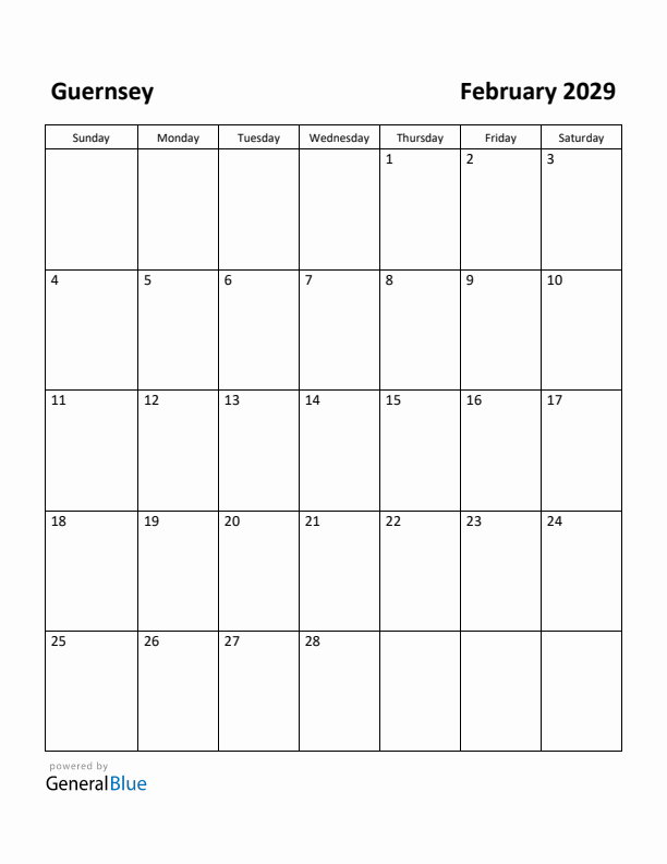 February 2029 Calendar with Guernsey Holidays