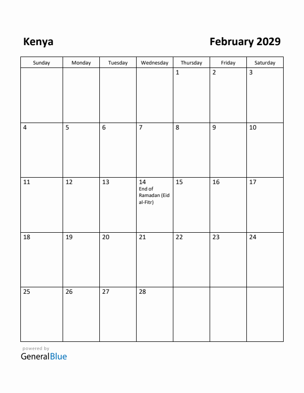 February 2029 Calendar with Kenya Holidays