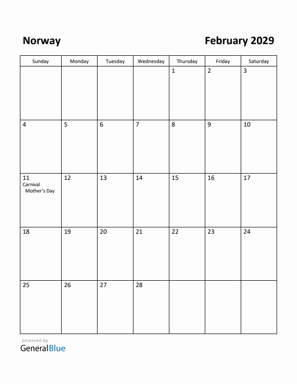 February 2029 Calendar with Norway Holidays
