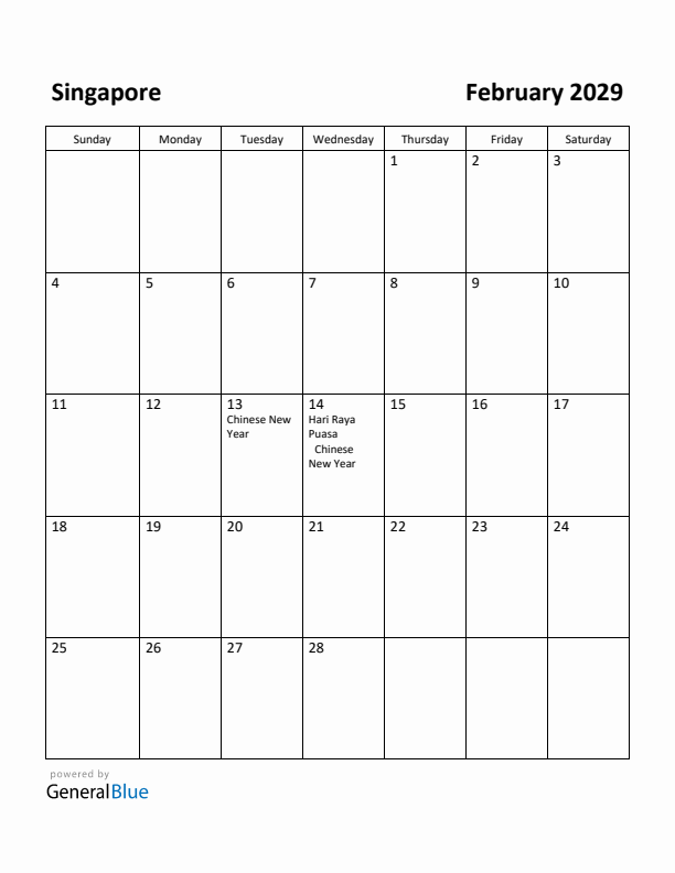 February 2029 Calendar with Singapore Holidays