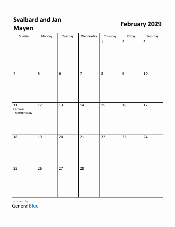 February 2029 Calendar with Svalbard and Jan Mayen Holidays
