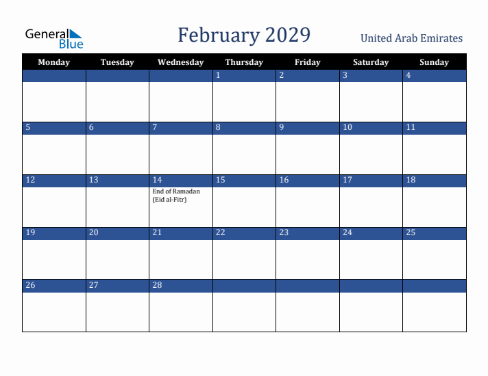 February 2029 United Arab Emirates Calendar (Monday Start)