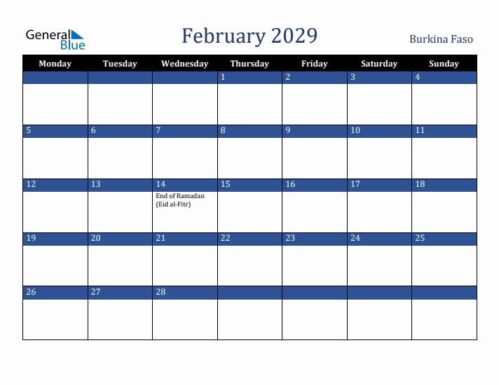 February 2029 Burkina Faso Calendar (Monday Start)