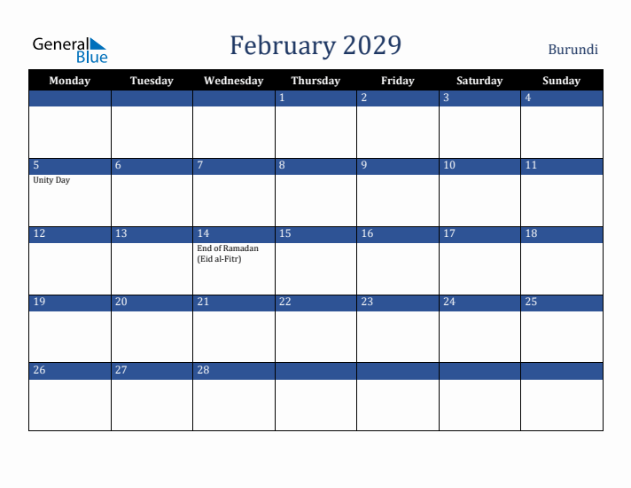 February 2029 Burundi Calendar (Monday Start)