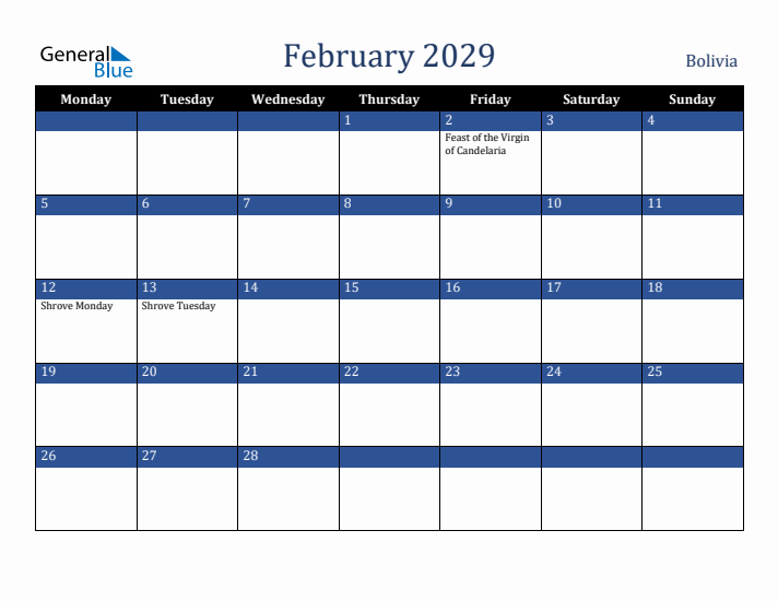 February 2029 Bolivia Calendar (Monday Start)