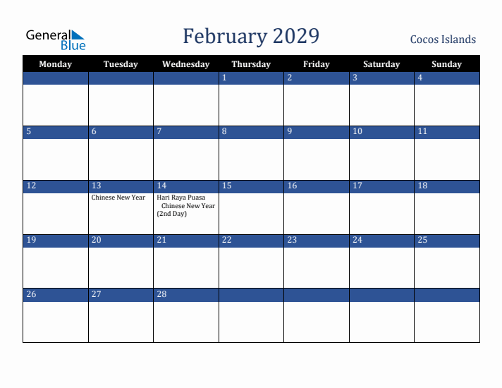 February 2029 Cocos Islands Calendar (Monday Start)
