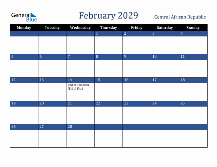 February 2029 Central African Republic Calendar (Monday Start)