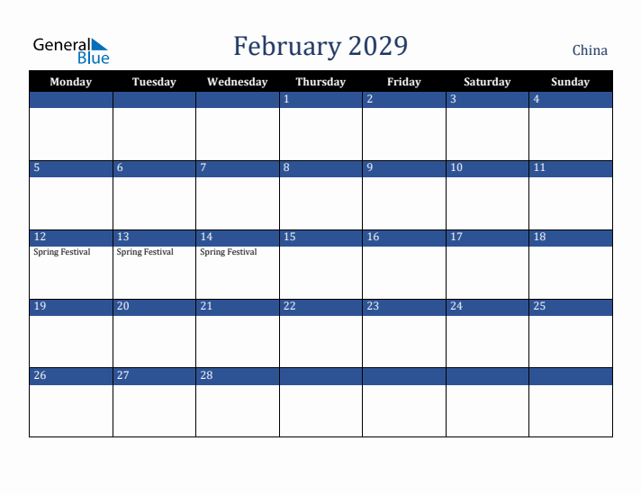 February 2029 China Calendar (Monday Start)