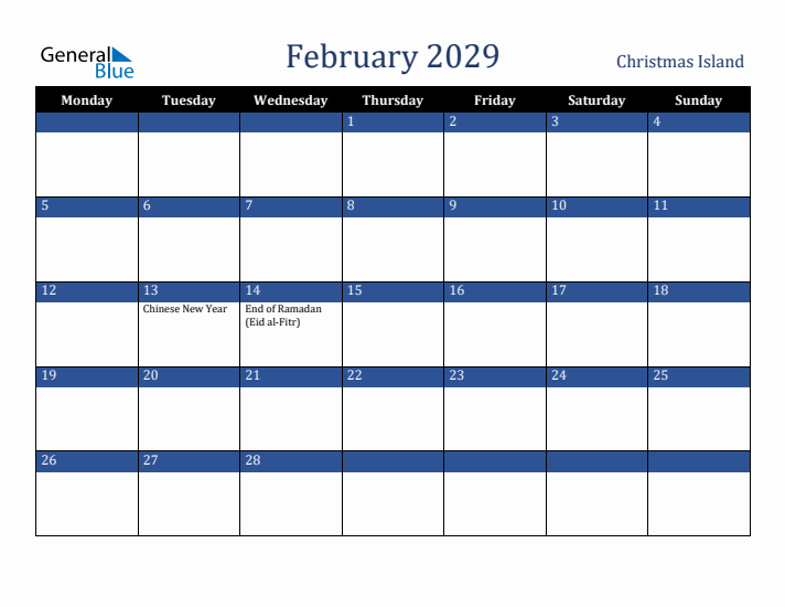 February 2029 Christmas Island Calendar (Monday Start)