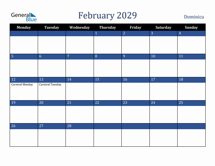 February 2029 Dominica Calendar (Monday Start)