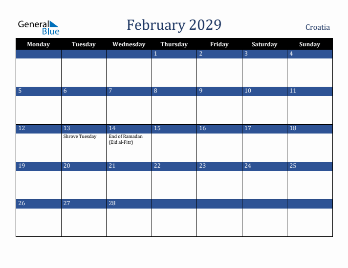 February 2029 Croatia Calendar (Monday Start)