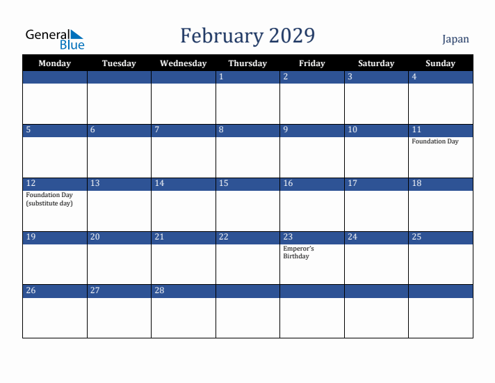 February 2029 Japan Calendar (Monday Start)