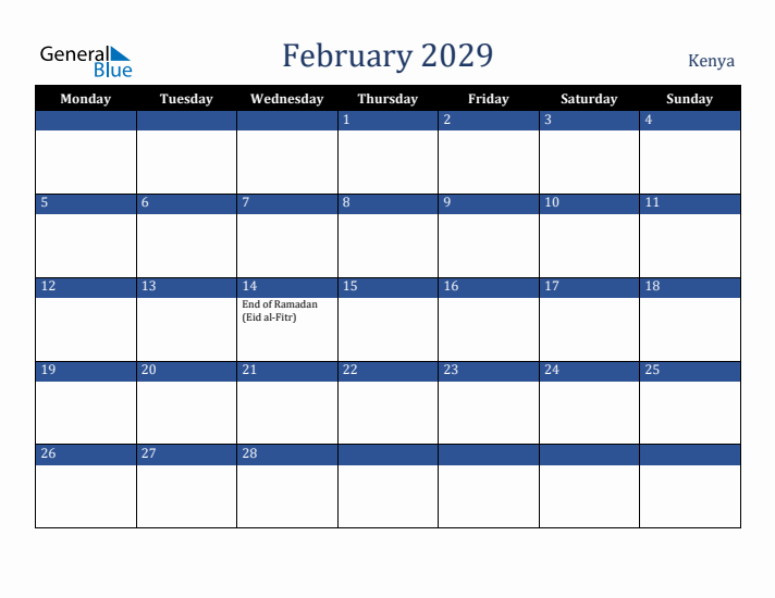 February 2029 Kenya Calendar (Monday Start)